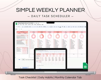 May include: A laptop and tablet screen displaying a weekly planner spreadsheet with tabs for tasks, daily habits, and a monthly calendar. The spreadsheet has a pink and white color scheme and includes a progress circle for each day of the week.