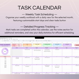 Organize your weekly workload with a daily view of the selected month, featuring customizable start days and a clear tasks button. Mark tasks as completed, use the notes section for reminders, and view daily statistics for efficient scheduling