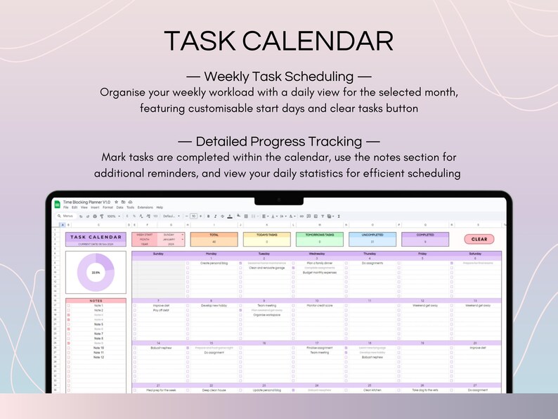Organize your weekly workload with a daily view of the selected month, featuring customizable start days and a clear tasks button. Mark tasks as completed, use the notes section for reminders, and view daily statistics for efficient scheduling