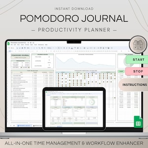 Pomodoro-planerarmall, produktivitetsplanerare för Google Sheets, tidslogg för att göra-lista, hjälpmedel för projektledning och studier, tidsspårning för fokus