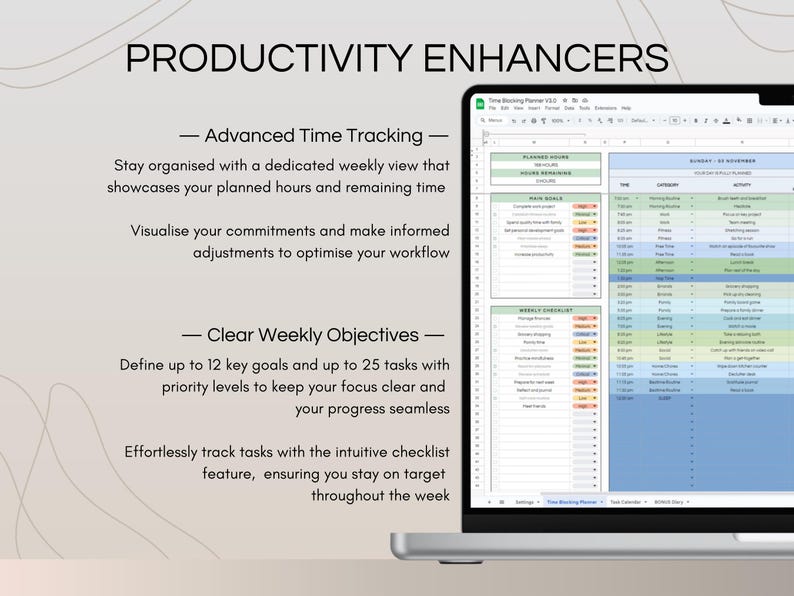 Weekly Time Blocking Planner Spreadsheet, Daily Timeboxing To-do List ...