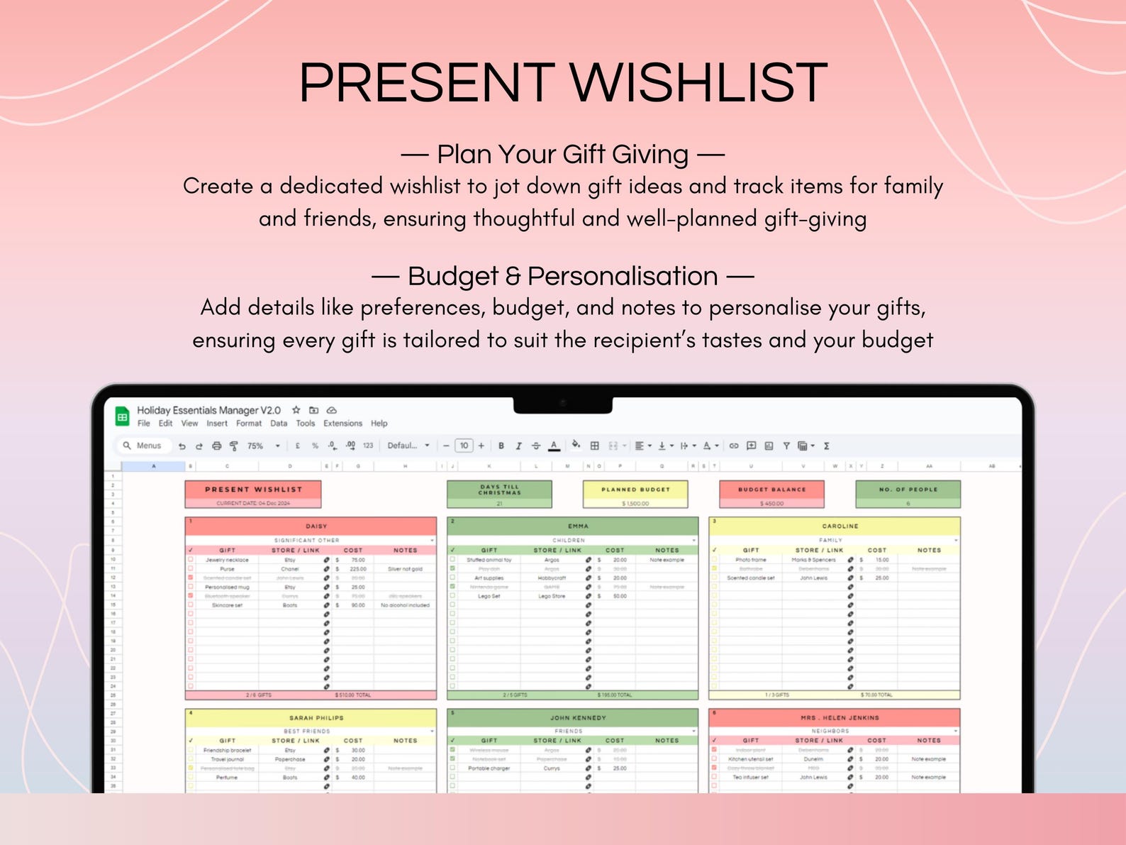 Christmas Holiday Planner Spreadsheet, Holiday Gift Tracker Google
