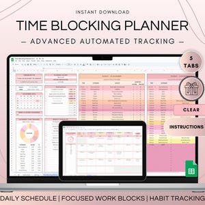 May include: A laptop computer displaying a spreadsheet with a pink and white colour scheme. The spreadsheet is titled "Time Blocking Planner" and includes tabs for daily schedule, focused work blocks, and habit tracking. The text "5 Tabs" and "Clear" are visible on the screen.