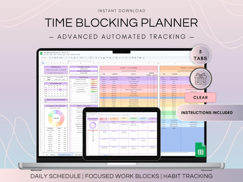 Cover image of a time management companion planner with five tabs. Features include a daily schedule, focused work blocks, and habit tracking. Instructions are included for effective time blocking