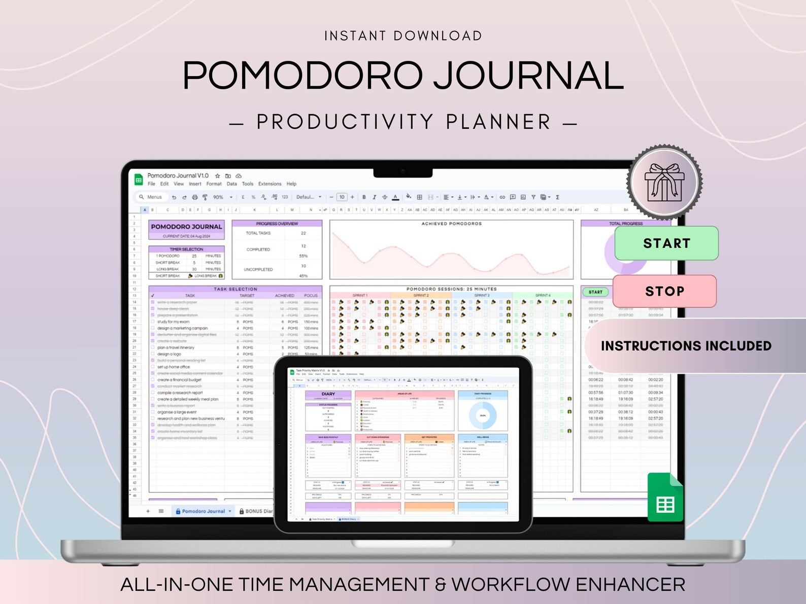 Pomodoro Technique Tracker Spreadsheet Productivity Task Management