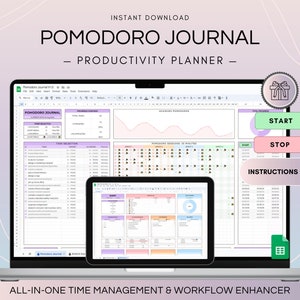 Pode incluir: Um computador portátil que exibe uma planilha com o título "Pomodoro Journal - Productivity Planner". A planilha inclui uma lista de seleção de tarefas, um rastreador de sessões Pomodoro e um gráfico de progresso. O laptop está em uma superfície branca com um fundo rosa e roxo. O texto "INSTANT DOWNLOAD" está na parte superior da imagem. O texto "ALL-IN-ONE TIME MANAGEMENT & WORKFLOW ENHANCER" está na parte inferior da imagem.