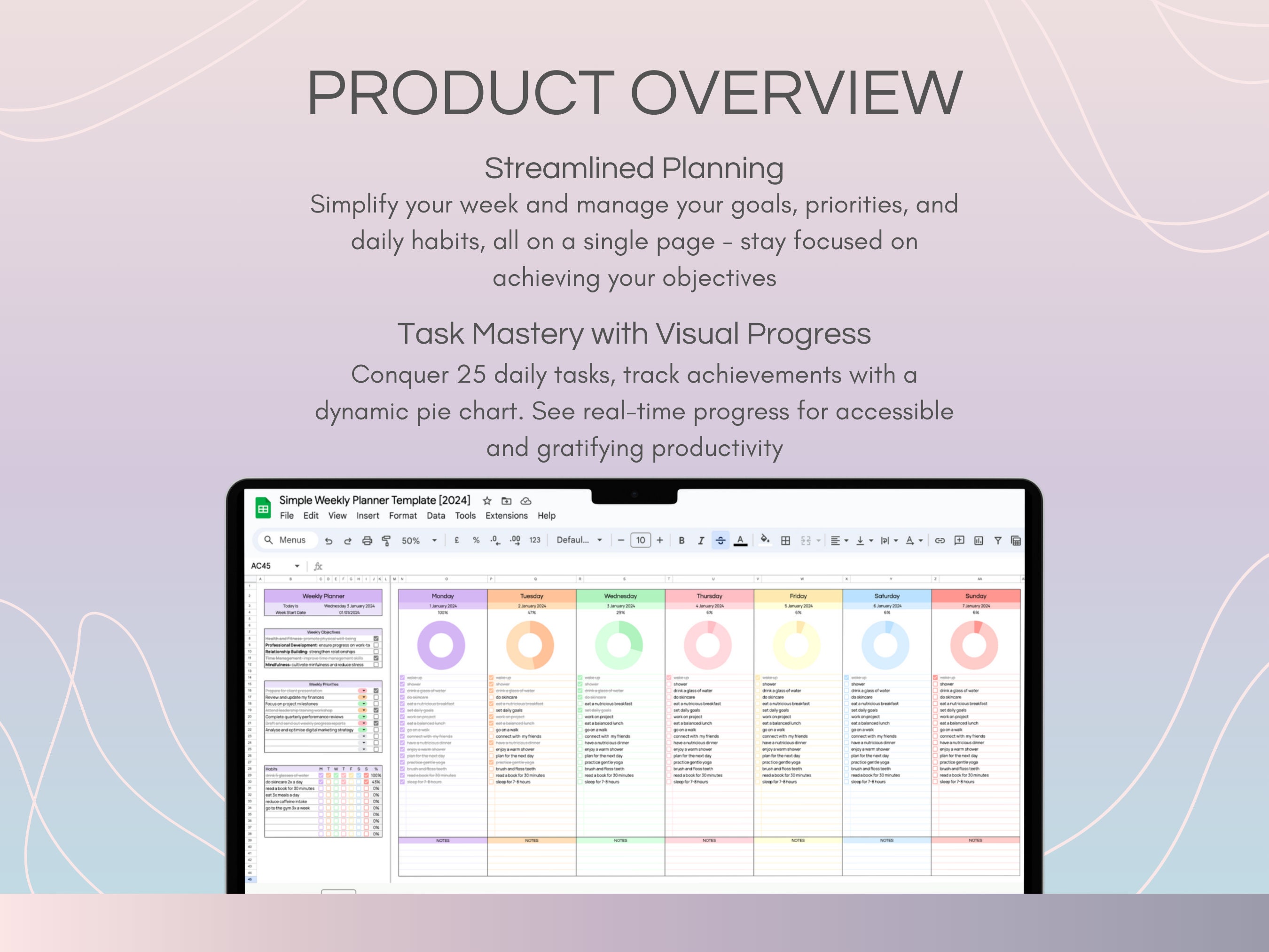 Weekly Planner Google Sheets Template, Simple Daily Schedule, Digital ...
