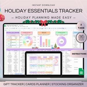 May include: A laptop and tablet display a holiday planning spreadsheet with charts and tables. The screen shows the text "HOLIDAY ESSENTIALS TRACKER" and "HOLIDAY PLANNING MADE EASY". Decorative ornaments and a red bow are at the top. The image includes the text "GIFT TRACKER | CARDS PLANNER | STOCKING ORGANIZER".