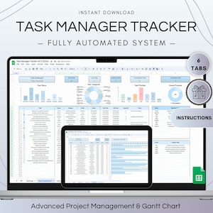 May include: A laptop computer displaying a spreadsheet with a task manager tracker. The spreadsheet has six tabs, including a task dashboard, task status, task categories, task priorities, overall progress, and settings. The spreadsheet is labelled "Task Manager Tracker V4.0 (2024)". The laptop is on a white background with a grey curved line design. The text "INSTANT DOWNLOAD", "TASK MANAGER TRACKER", "FULLY AUTOMATED SYSTEM", "6 TABS", "INSTRUCTIONS INCLUDED", and "Advanced Project Management & Gantt Chart" is visible on the image.