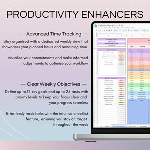 Stay organized with a weekly view of planned hours and remaining time. Visualize commitments to optimize your workflow. Define up to 12 goals and 25 tasks with priorities, and track progress with an intuitive checklist for clear weekly objectives