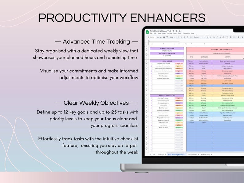Stay organized with a weekly view of planned hours and remaining time. Visualize commitments to optimize your workflow. Define up to 12 goals and 25 tasks with priorities, and track progress with an intuitive checklist for clear weekly objectives