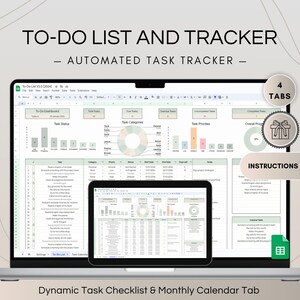 May include: A laptop and tablet display a digital to-do list and task tracker. The screen shows charts, graphs, and a checklist. Text on the screen includes "Automated Task Tracker" and "Instructions Included". The design is in shades of green and white.