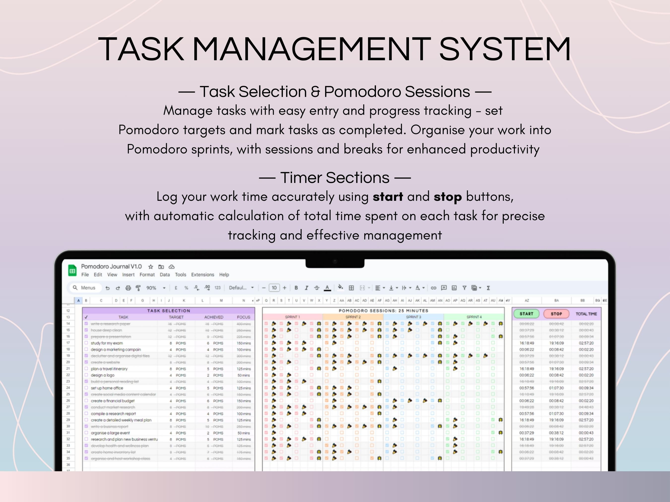 Pomodoro Technique Tracker Spreadsheet, Productivity Task Management ...