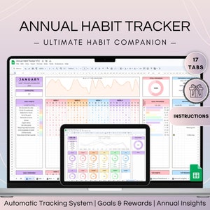 Può includere: Un laptop e un tablet che mostrano un foglio di calcolo con un tracker di abitudini colorato. Il foglio di calcolo ha 17 schede e include un grafico di progresso giornaliero, un calendario settimanale e una panoramica mensile. Il testo sullo schermo dice "ANNUAL HABIT TRACKER - ULTIMATE HABIT COMPANION - 17 TABS - INSTRUCTIONS INCLUDED - Automatic Tracking System | Goals & Rewards | Annual Insights".