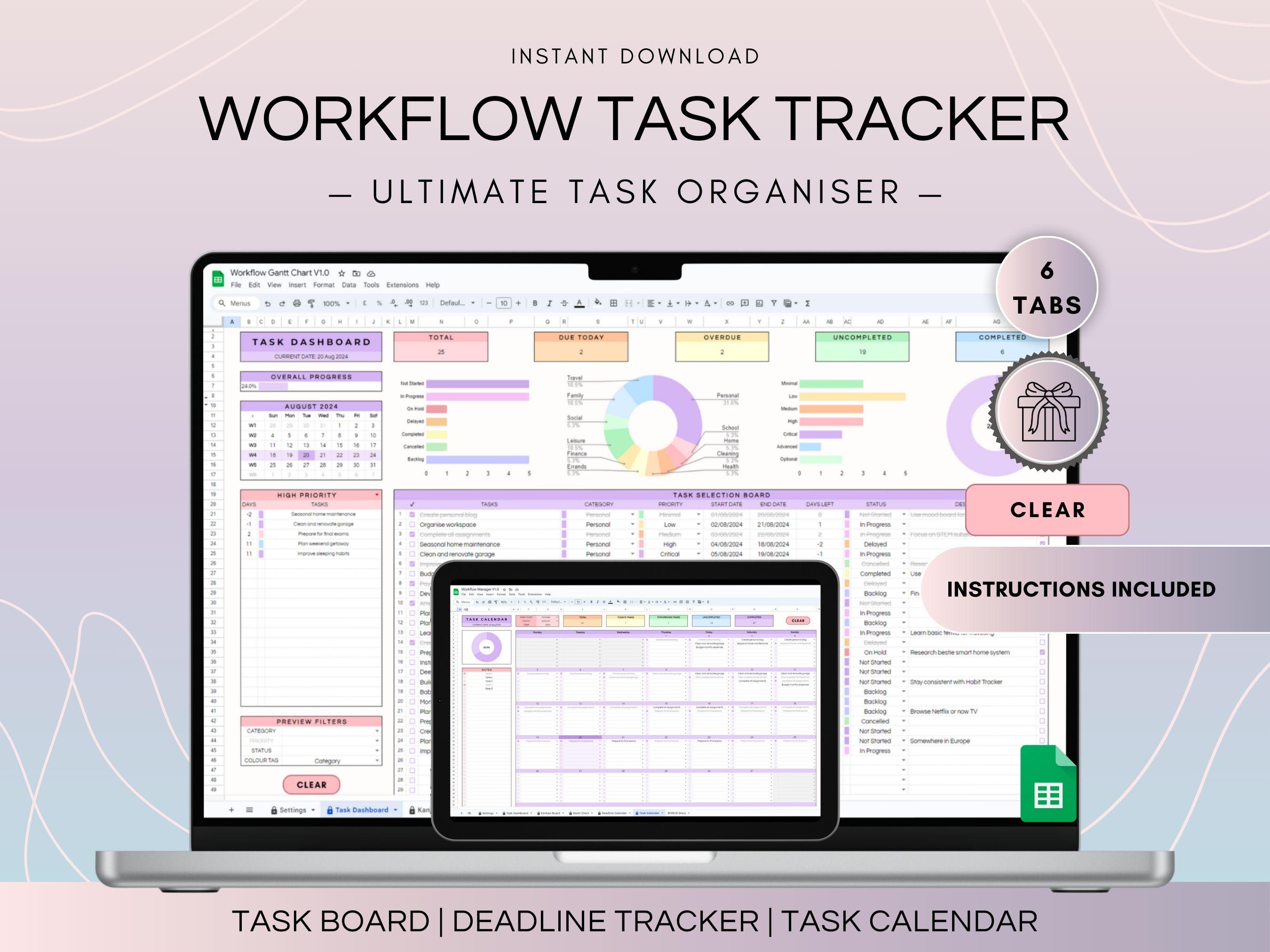 Workflow Task Tracker Spreadsheet, Google Sheets To Do List and Deadlines Calendar, Digital Workflow with Project Management Dashboard