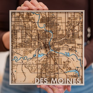 Des Moines, Iowa, carte en bois découpée au laser