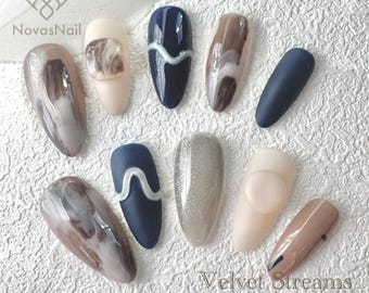 Handmade Navy Marble 3D Wave Press-On Nails: Cat Eye Glow, Reusable