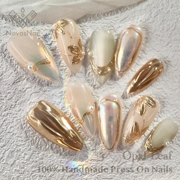 Bruiloft pers op nagels, gouden bloemen 3D-bloem amandelnagels, bruidsset