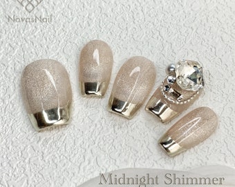 Midnattsglimmer Handgjorda Press-On Naglar - Mousserande Champagne Aftonkostym