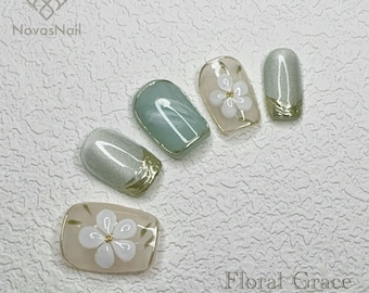 Floral Grace Handmade Press-On Nails - Elegant Beige & Green Set with White Floral Design-Free shipping for a limited time