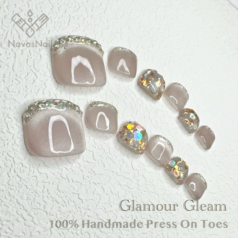 Handgjorda Cat Eye Gel Press On tånaglar: Strass Glitter Nail Art bild 2