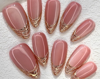 Pink Cat Eye Press On Nails: Gold French Almond, Reusable