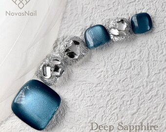 Blue Cat Eye Press-On Toe Nails: Sapphire Glitter Pedicure with 3D Crystals