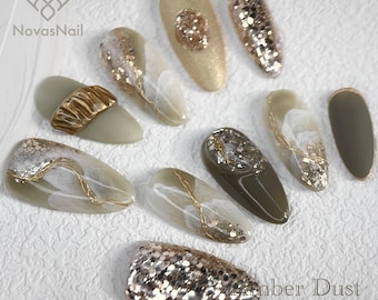 Marble Gold Foil Press-On Nails: Almond Olive Glitter Stone Design