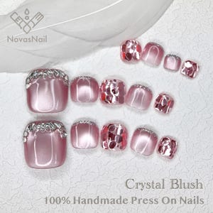 Pink Rhinestone Press-On Toe Nails: Glitter Chrome Pedicure
