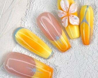 Floral Orange Yellow Press On Nails – Handmade  Nail Art for Fall Parties & Everyday Style