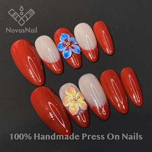 Red Almond Press On Nails: 3D Floral French Tips