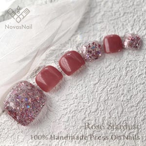 Pink Glitter Press-On Toe Nails: Holographic Rose Stardust, Short Square Pedicure