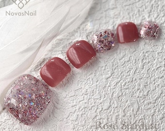 Pink Glitter Press-On Toe Nails: Holographic Rose Stardust, Short Square Pedicure