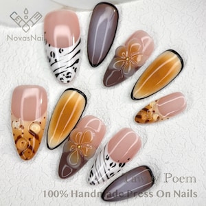 Summer Nails Press On – 3D Jelly Flower & Animal Print Almond Nails for Vacation and Weekend Looks