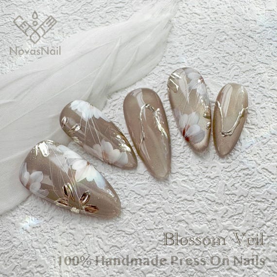 Gold Floral Cat Eye Press-On Nails – Handmade Almond Nail Set for Wedding & Party