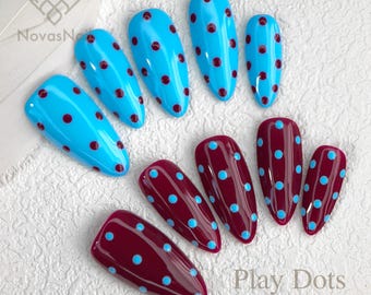 Polka Dot Press On Nails: Blue & Burgundy Retro Pop Almond Nail Set