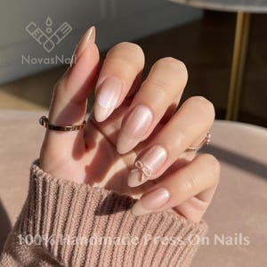 Pink Press On Nails: Handmade 3D Bow Almond Nail Set