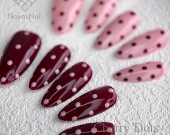 Polka Dot Press On Nails: Burgundy & Pink Almond Nail Set