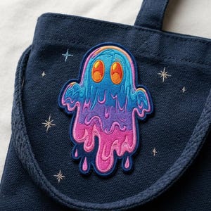Trippy Melting Ghost Iron On Patch - Psychedelic Slime Ghost Embroidered Badge - Colorful Vaporwave Spirit Applique - N0128