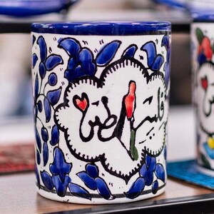 Hand Painted Palestinian Ceramic Mug, Floral Design, Arabic "Palestine" with Map