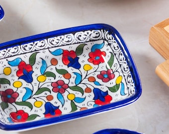 Palestinian Ceramic Rectangular Side Dish | Hand-Painted Ceramic | Multicolor & Navy | Made in Palestine | Pottery | Handmade