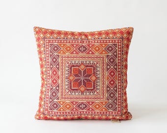 Palestinian Tatreez Cushion Cover - Red & Orange on Beige | Embroidery | Cross Stitch | Traditional Palestine | motifs 16x16 inches
