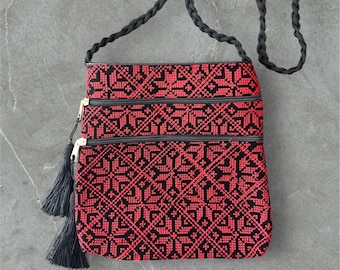Handcrafted Tatreez Embroidered Shoulder Bag – 3 Zipper Compartments | Made by Palestinian Artisans in Jordan