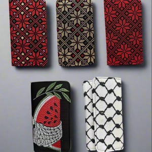 Palestinian Large Wallet – Tatreez Clutch | Kufiyya, Watermelon, Red, Gold | Handcrafted in Jordan | Keffiyeh | Embroidery | Palestine