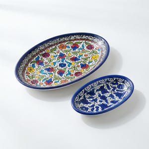 Palestinian Oval Side Dishes | Hand-Painted Ceramic |  Small, Large | Multicolor & Navy | Made in Palestine | Pottery | Handmade