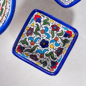 Palestinian Ceramic Square Side Dish | Hand-Painted Ceramic | Multicolor & Navy | Made in Palestine | Pottery | Handmade