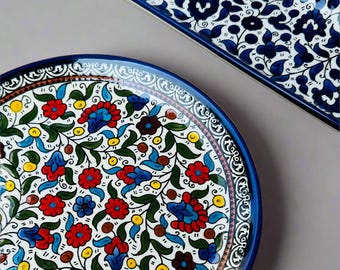 Palestinian Serving Dishes | Hand-Painted Ceramic |  Round, Rectangular | Multicolor & Navy | Made in Palestine | Pottery | Handmade