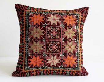 Funda de cojín palestina Tatreez - Rojo y naranja / Bordado / Punto de cruz / Palestina tradicional / motivos 16x16 pulgadas
