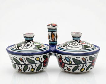 Handmade Palestinian Ceramics Double Dip | Olive Oil & Za'atar Dish | Made in Palestine