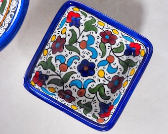 Palestinian Ceramic Square Side Dish | Hand-Painted Ceramic | Multicolor & Navy | Made in Palestine | Pottery | Handmade